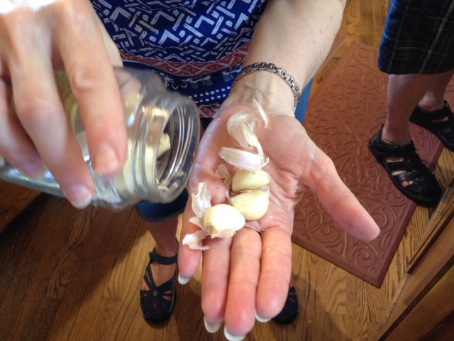 Well shaken and naked cloves, ready to thin slice